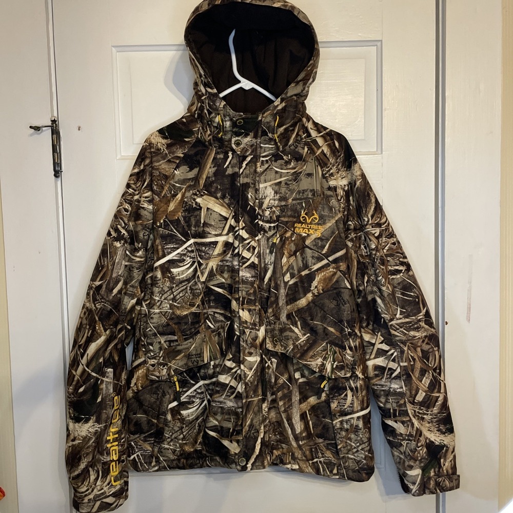 Realtree Mens XL Hooded Camo Hunting Jacket Insulated Full Zip Coat | Soft Shell